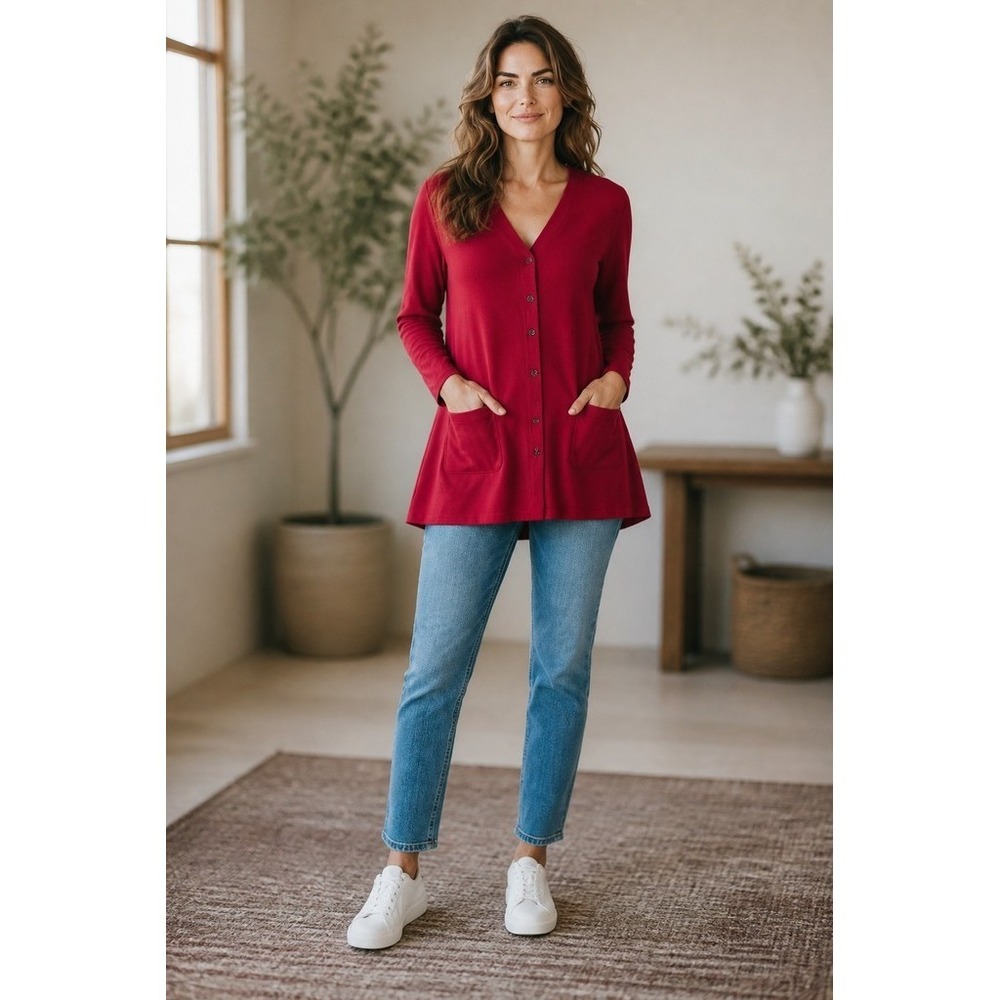 J.Jill Cardigan Sweater Womens Size L Red Longline Button‎ Front Pockets classic
